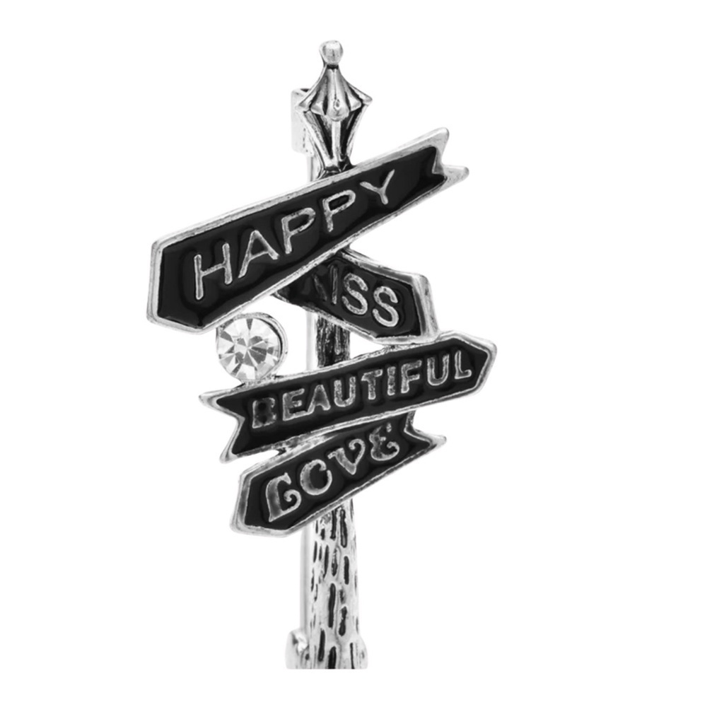 Silver-Tone Signpost Brooch – "Happy, Kiss, Beautiful, Love" – 1.65" x 0.83"